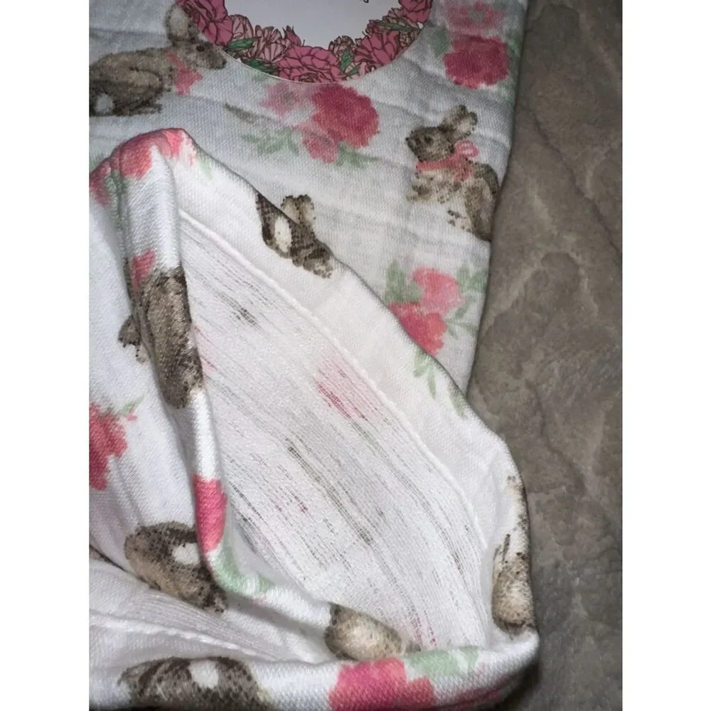 SA Easter Bunny Floral White Pink Muslin Cotton Tea Kitchen Towels Set of 3
